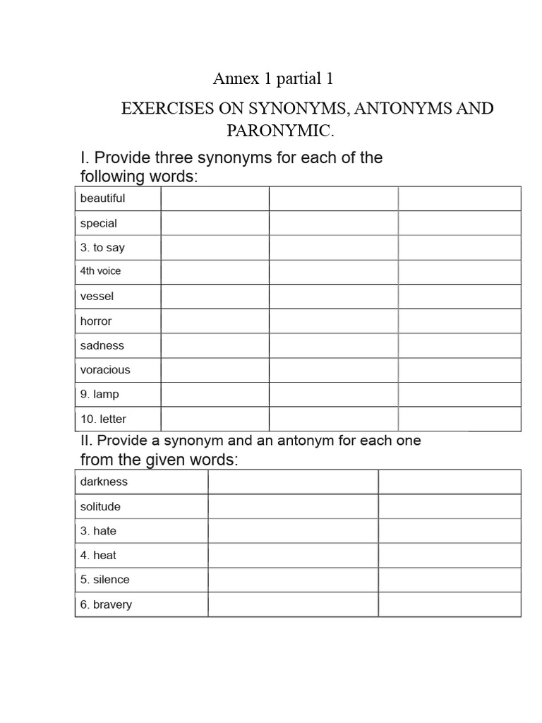 Exercises on Synonyms and Antonyms | PDF