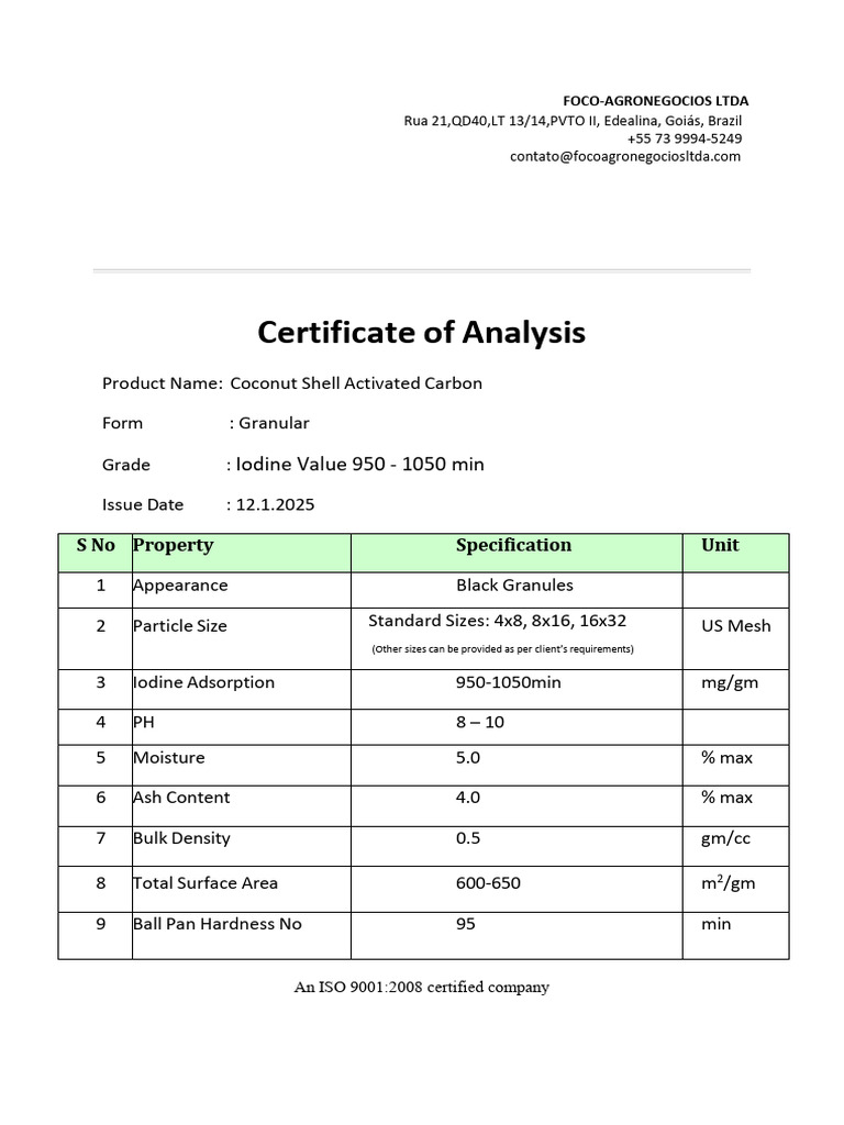 Coconut Shell Activated Carbon Analysis | PDF