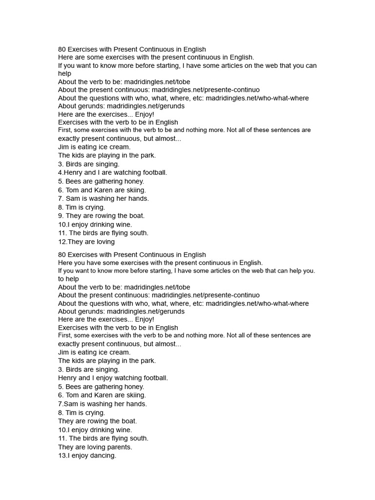 80 Present Continuous Exercises | PDF