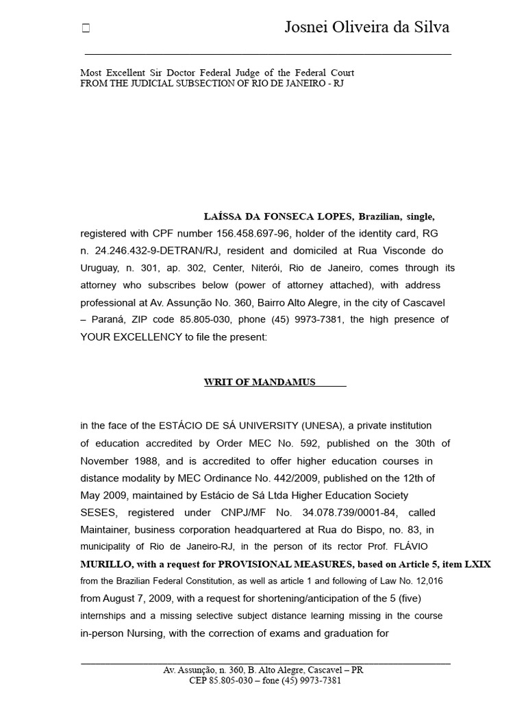 1 - Initial Petition For Writ of Security | PDF | Mandamus | Habeas Corpus