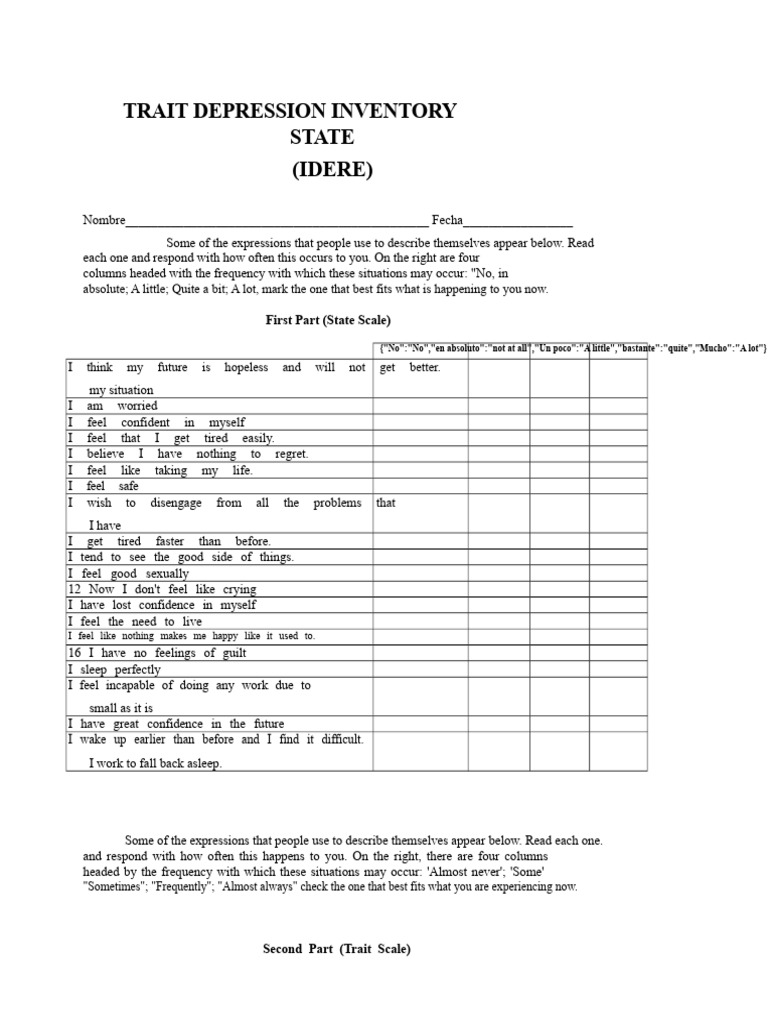 IDERE Depression Inventory Guide | PDF | Depression (Mood) | Self ...