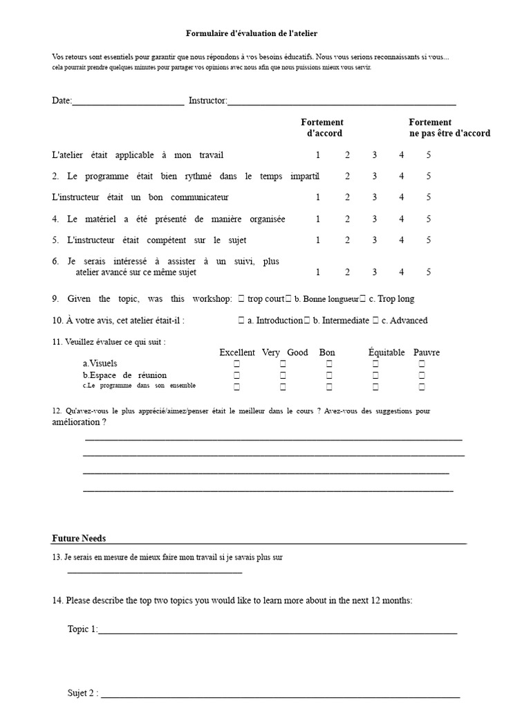 Formulaire D'évaluation Des Participants (Ms Word) | PDF