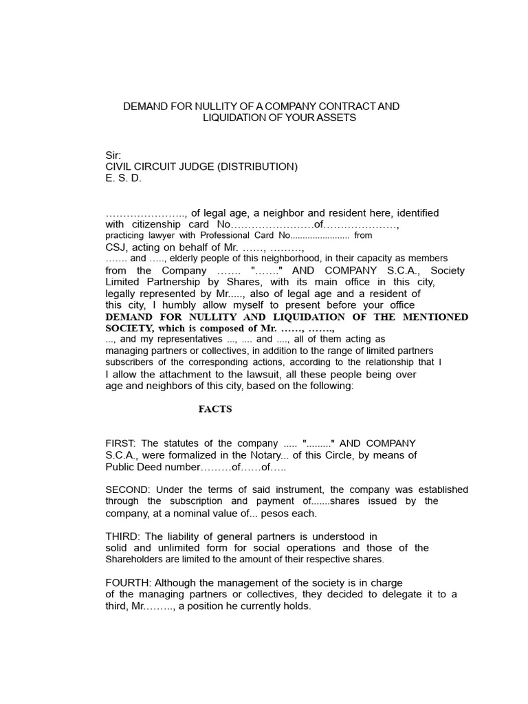 Lawsuit For Nullity of A Company Contract and Liquidation of Its Assets ...