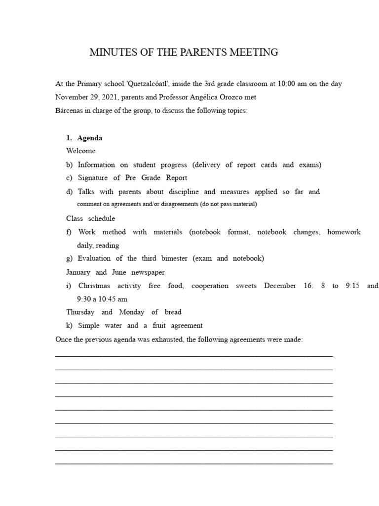 3rd Grade Parents Meeting Minutes | PDF