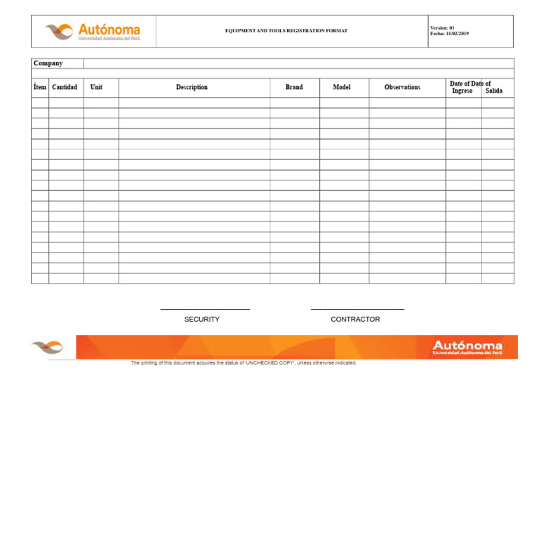 Equipment and Tools Registration Form | PDF