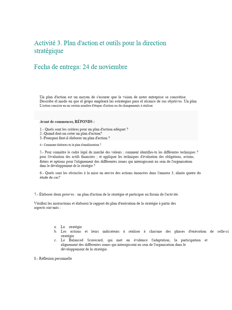 Plan d'Action pour la Direction Stratégique | PDF