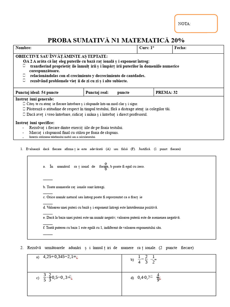 Test de Matematică Clasa A VII-a - PUTERI | PDF