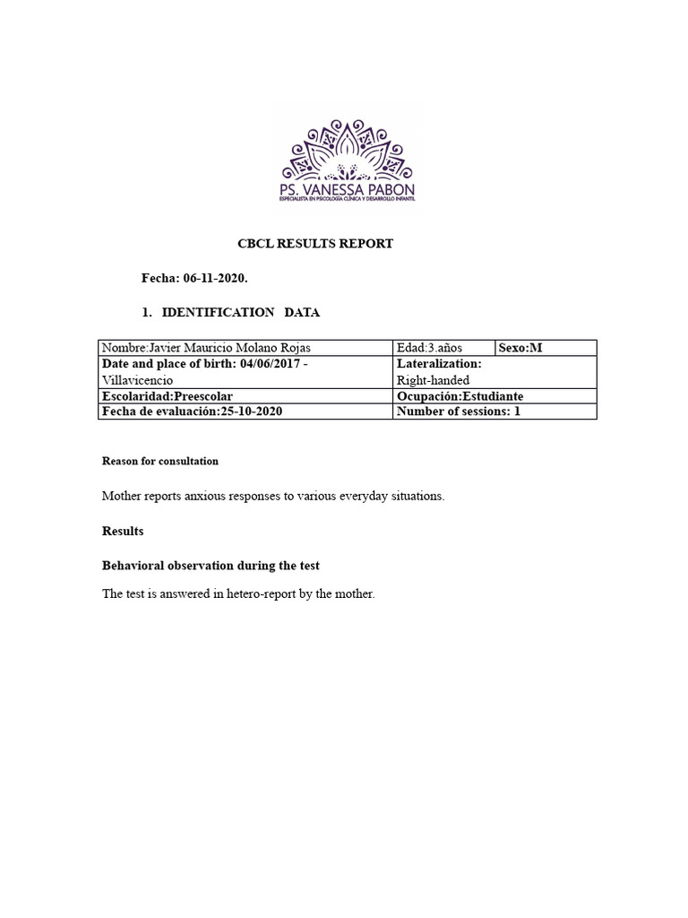 CBCL Results for Child Anxiety Evaluation | PDF