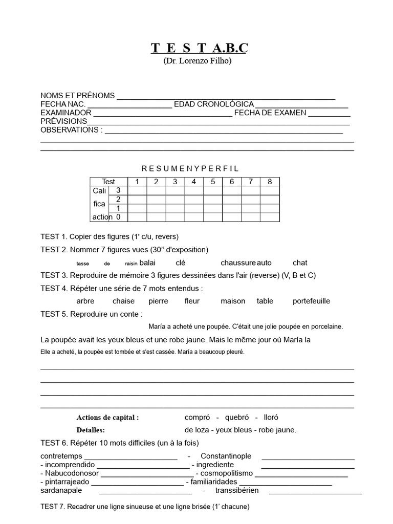Test A.B.C. de développement enfantin | PDF | Papier | Crayon