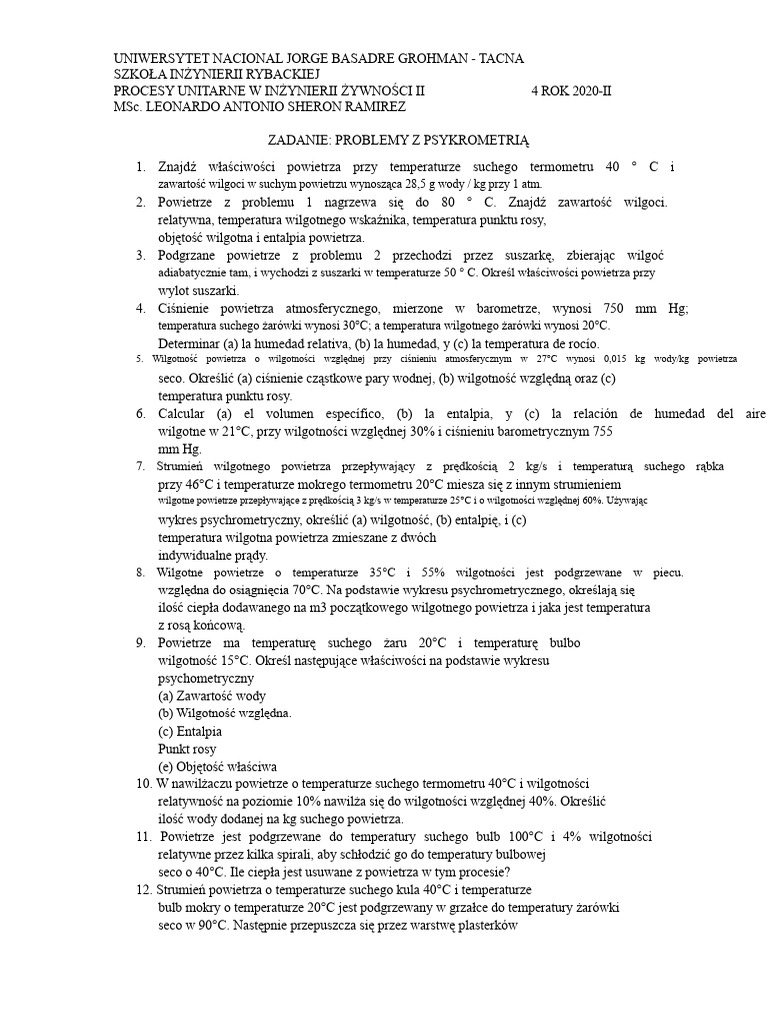 Zadanie Problemy Psychrometrii | PDF