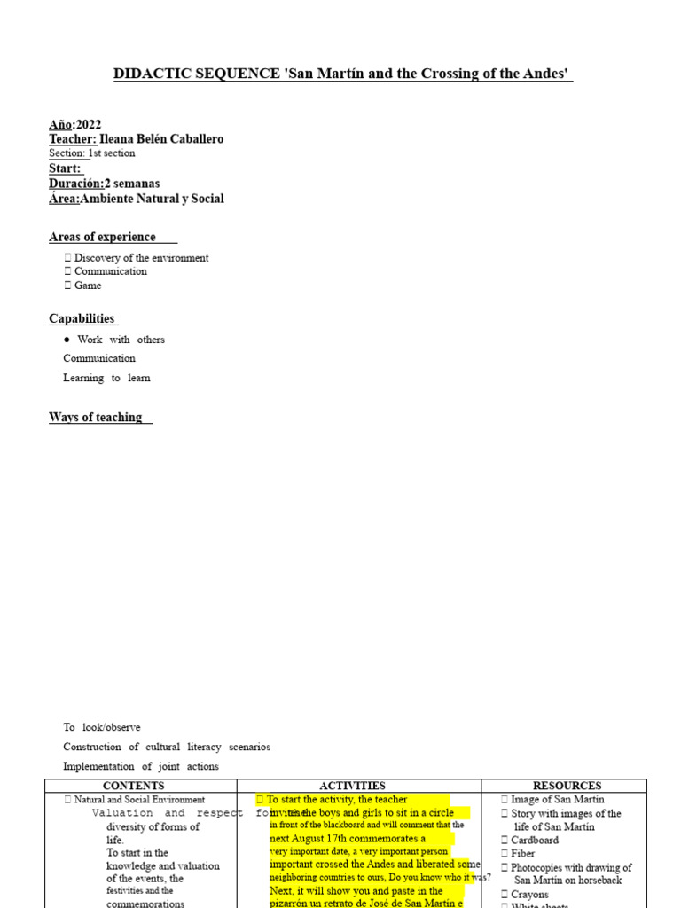 Didactic Sequence San Martín | PDF