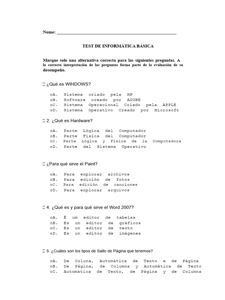 Test de Informática Básica: Preguntas Clave | PDF | Microsoft Word ...