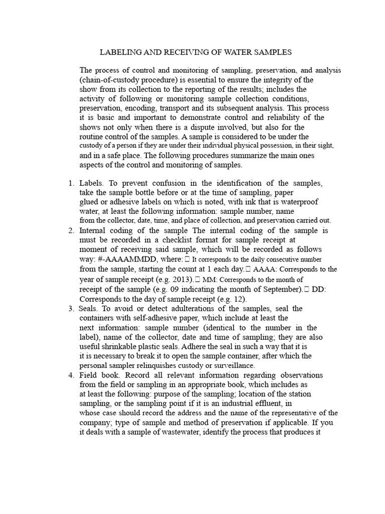 Water Sample Labeling Procedures | PDF | Water | Laboratories