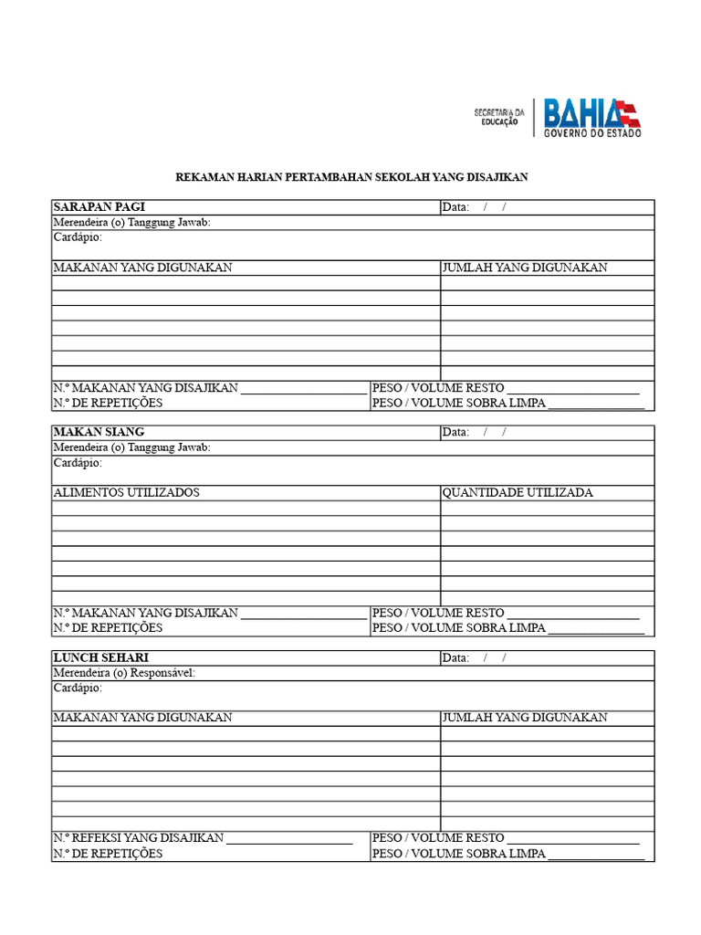Rekap Harian Menu Sekolah dan Porsi | PDF