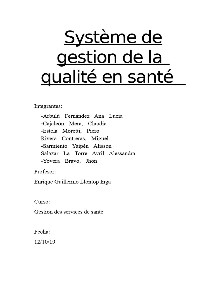 Gestion de la qualité en santé : principes et méthodes | PDF ...