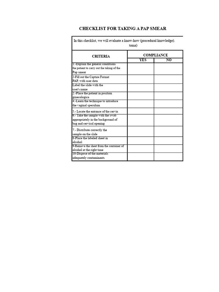 Pap Smear Procedure Checklist | PDF