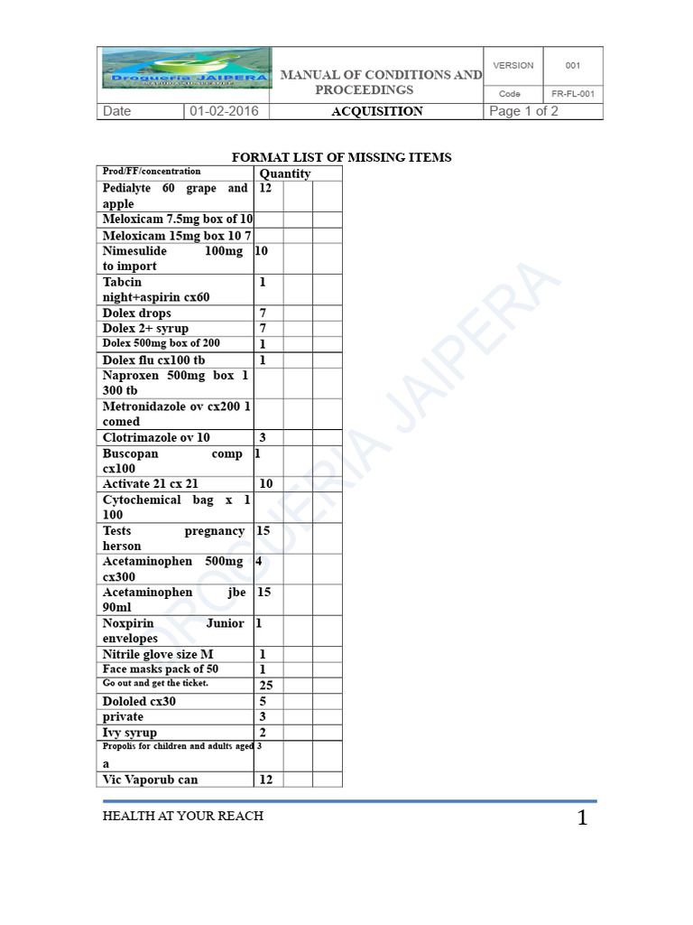 Missing Items List Format | PDF