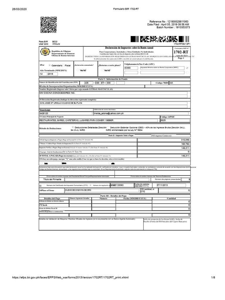 Formulario BIR 1702-RT 2018 | PDF | Impuesto sobre la renta | Impuestos