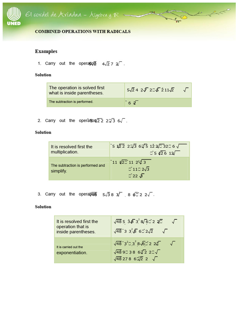 Algebra Combined Operations With Radicals | PDF