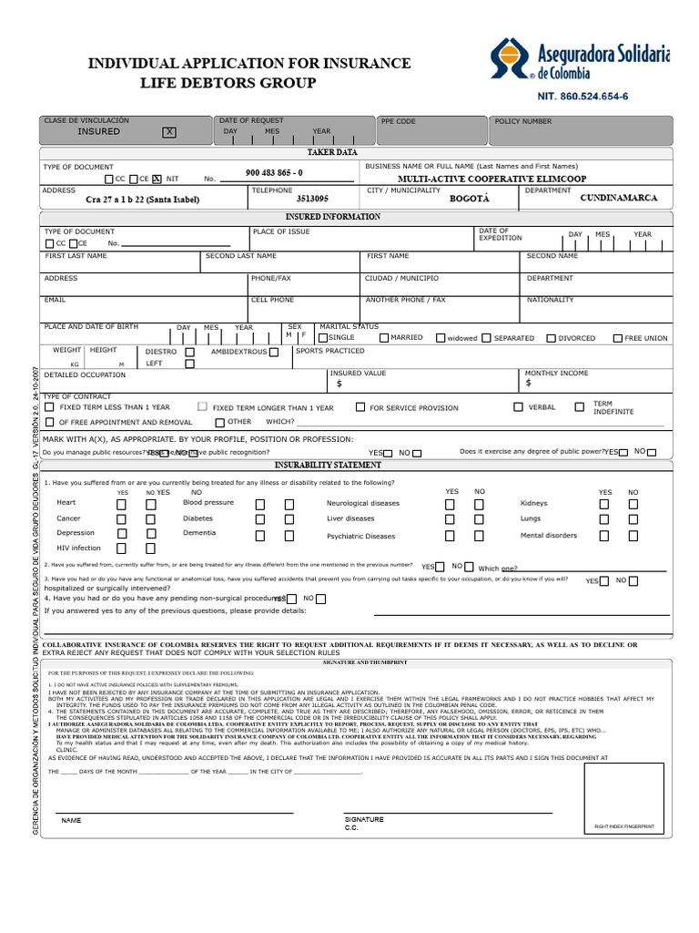 Individual Insurance Application Form | PDF | Mental Disorder | Insurance
