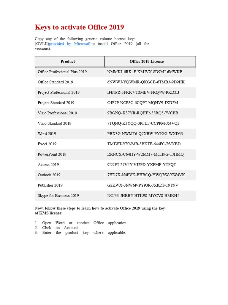 Activate Office 2019 with KMS Keys | PDF | Microsoft Office | Ibm Pc ...