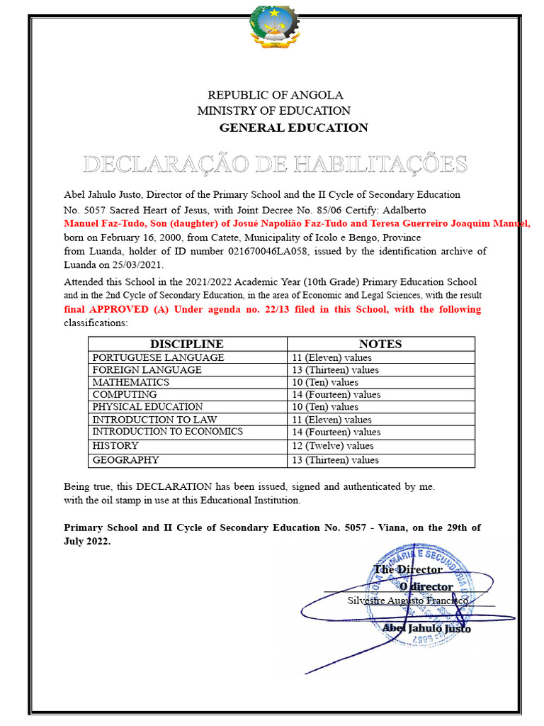 10th Grade Declaration | PDF