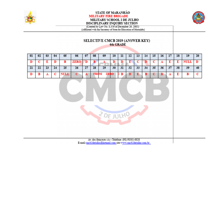 CMCB 2019 6th Grade Answer Key | PDF