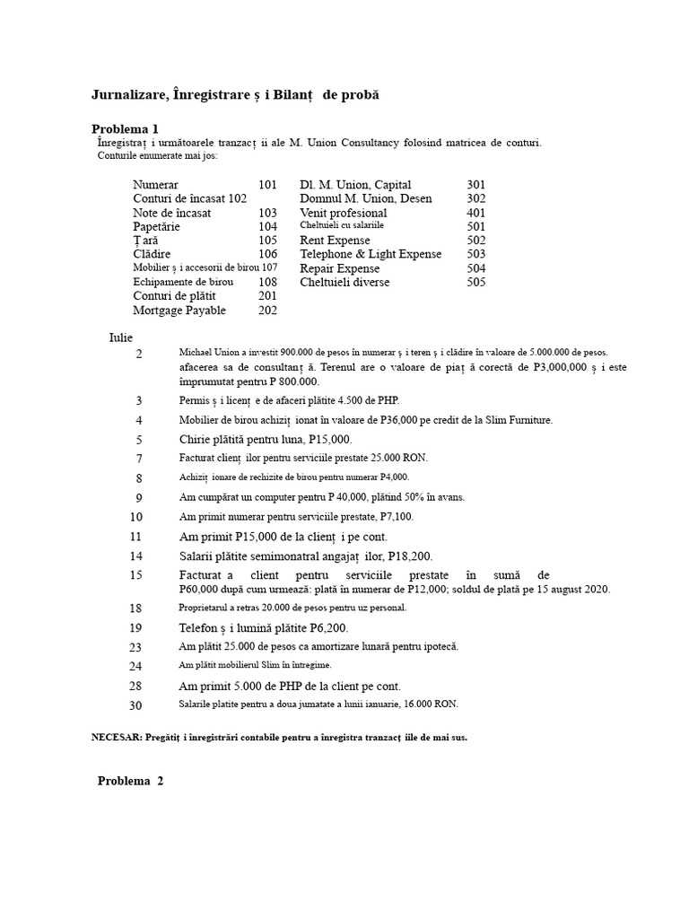 Exerciții - Înregistrarea Jurnalului. Postarea, Soldul Provizoriu | PDF