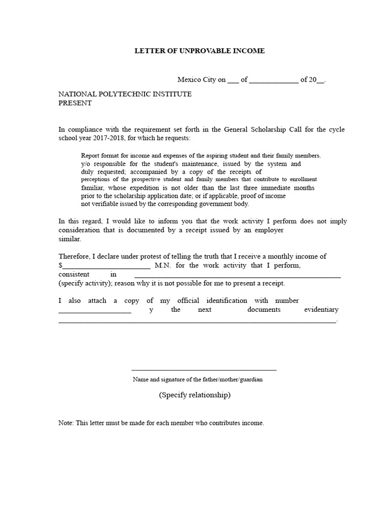 Letter for Unprovable Income Statement | PDF