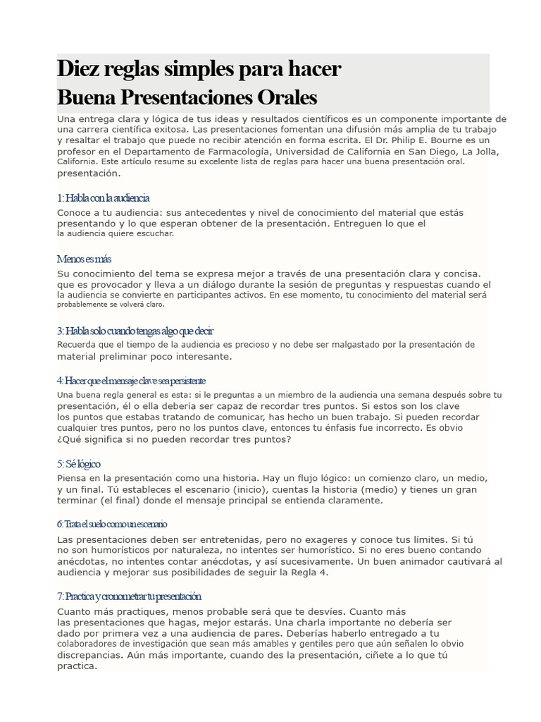 Diez Reglas Simples para Hacer Buenas Presentaciones Orales | PDF