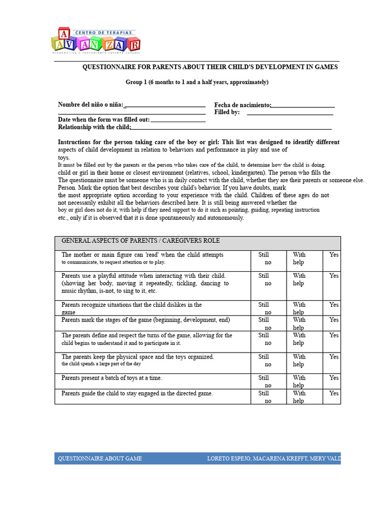 Questionnaires About Play, 6 Months To 1.6 Years | PDF | Child ...