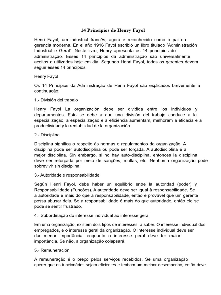 14 Princípios de Administração de Fayol | PDF | Descentralização ...