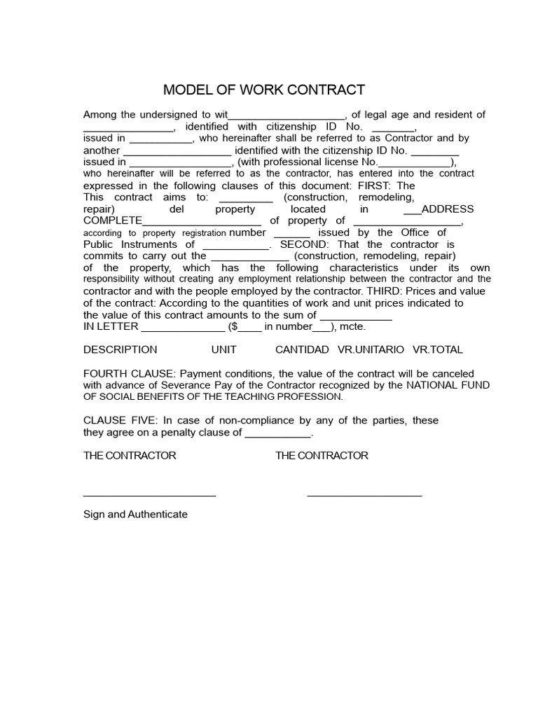Work Contract Template for Contractors | PDF