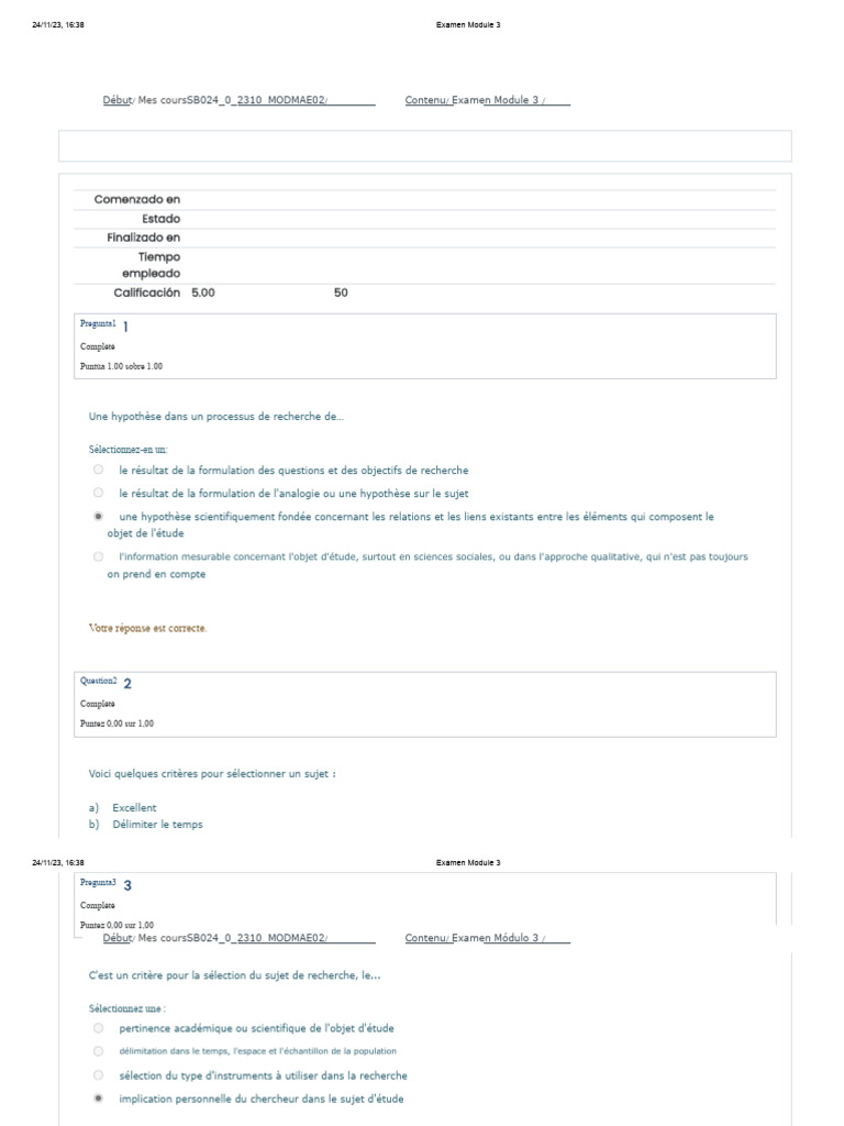 Examen Module 3 : Résultats et Questions | PDF