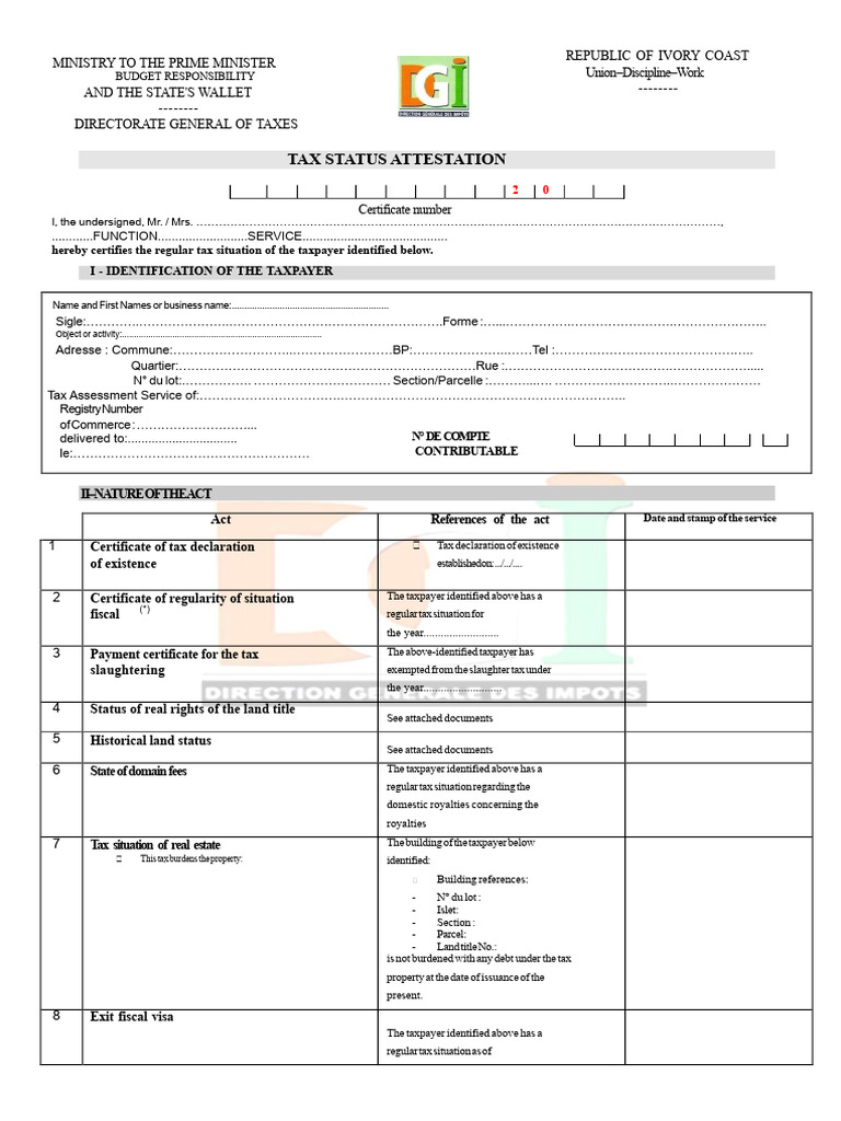 Ivory Coast Tax Status Certificate | PDF | Taxes | Taxpayer