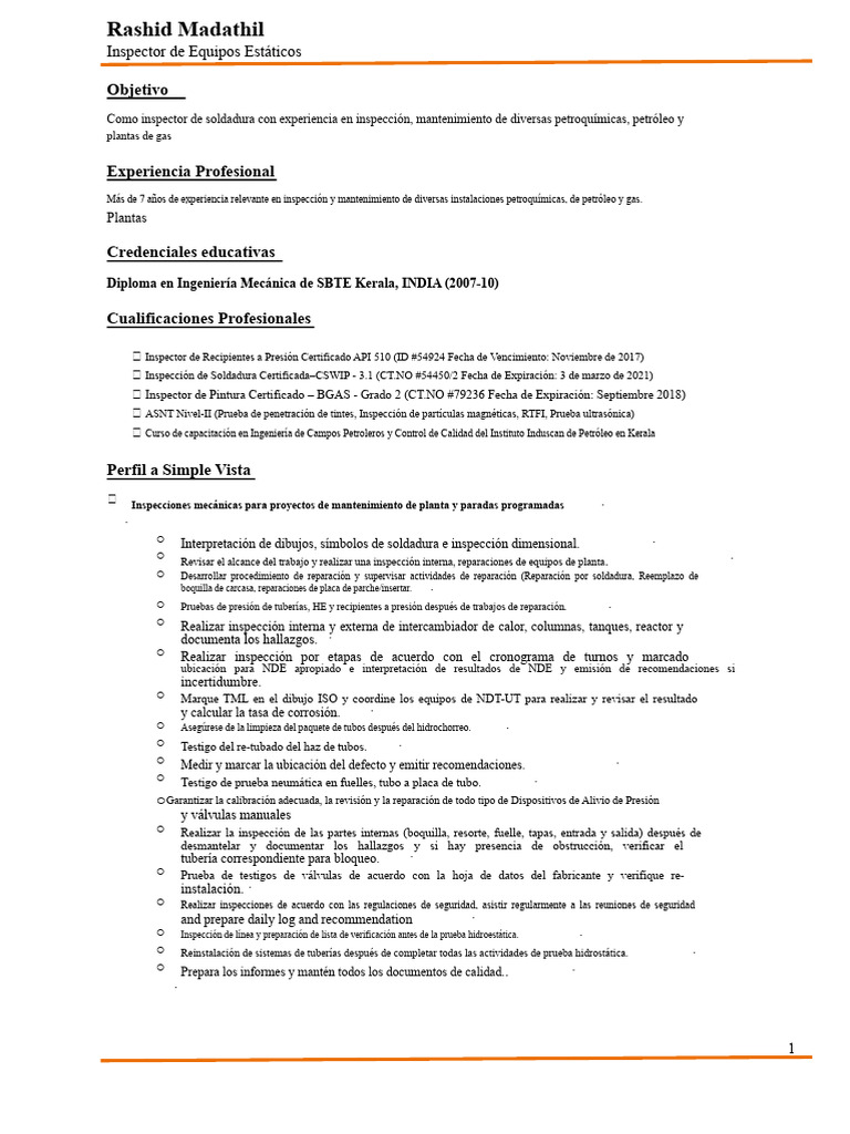 Currículum de Rashid (Inspector de Equipos-SEP-2017) | PDF | Soldadura ...