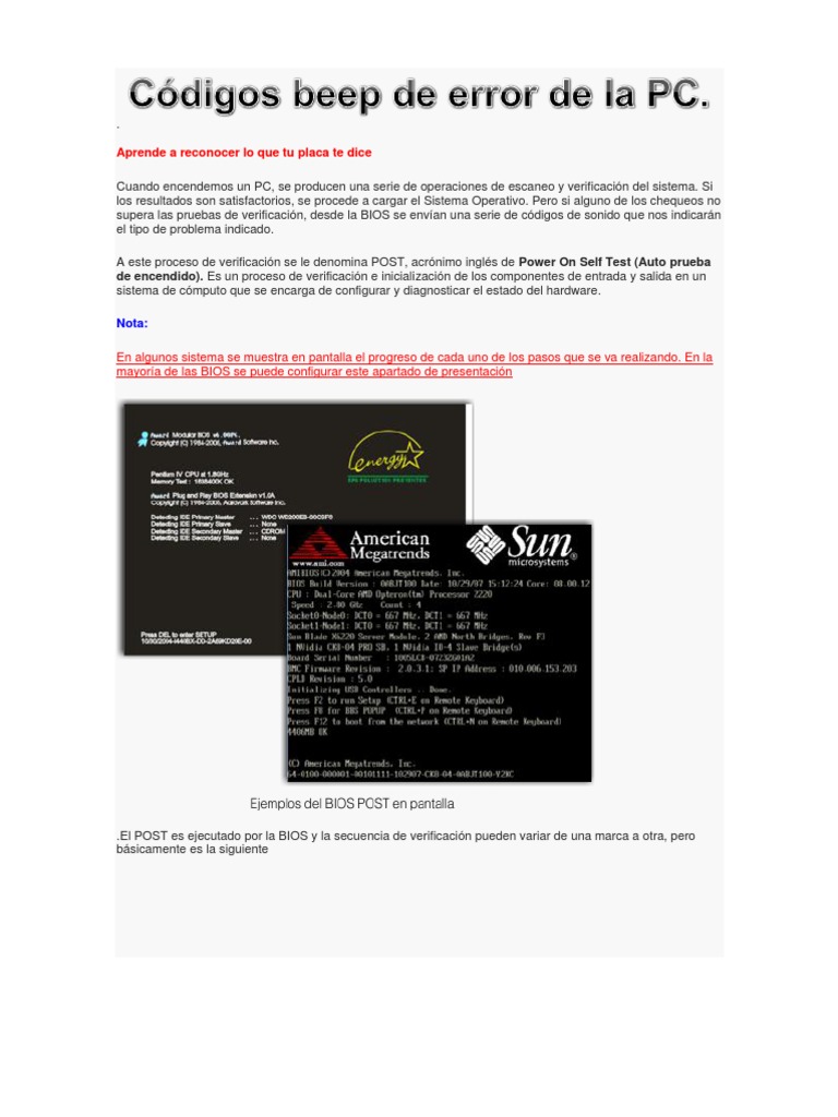 Códigos Beep de Error de La PC | Bios | Memoria de acceso aleatorio