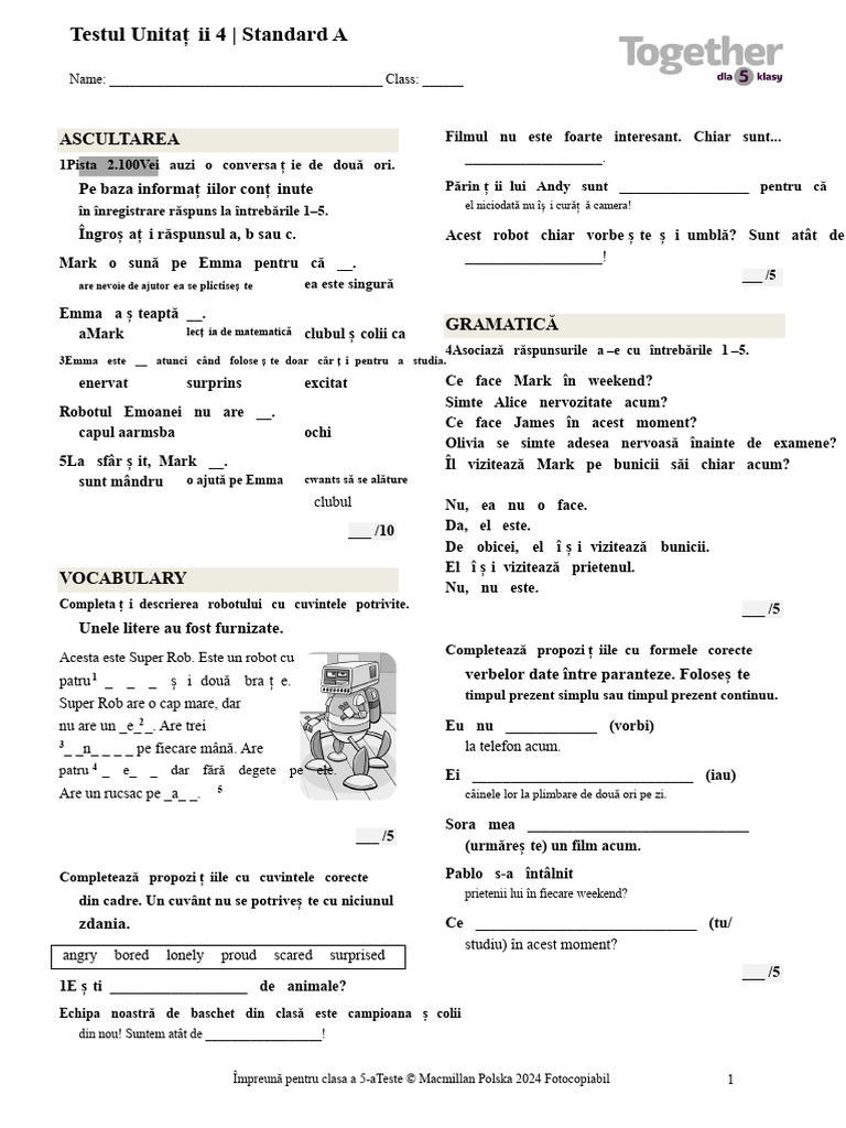 Împreună - kl5 - U4 - Test de Unitate - Standard A | PDF