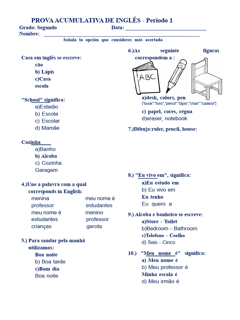 Prova de Inglês - Segundo Período 1 | PDF