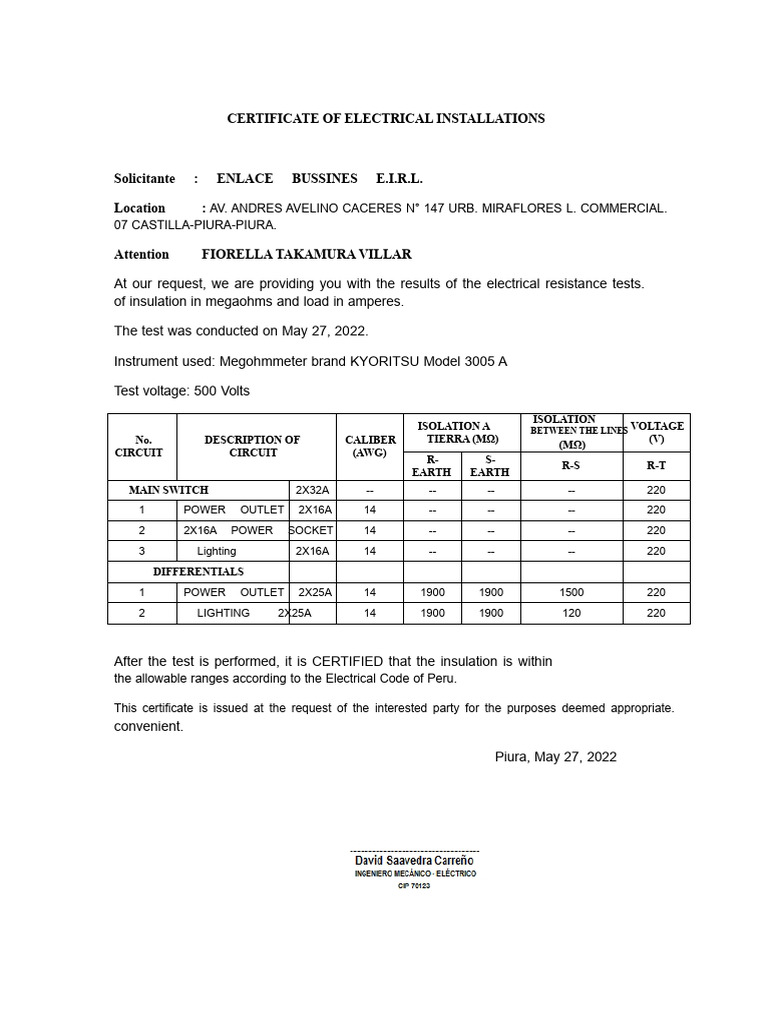 Electrical Installation Test Certificate | PDF