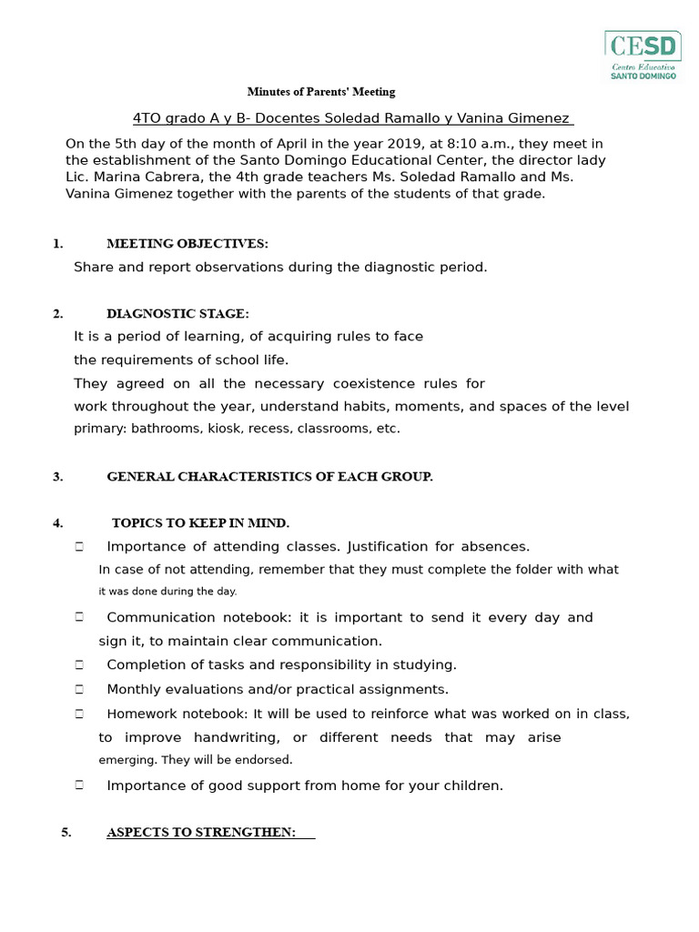 4th Grade Parents' Meeting Minutes | PDF