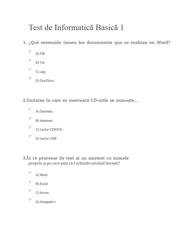 Test de Informatică de Bază 1 | PDF