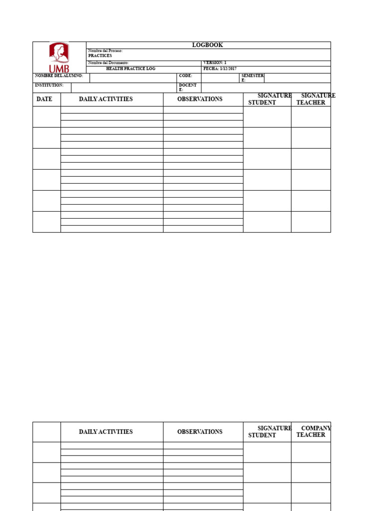 Health Practice Logbook Template | PDF