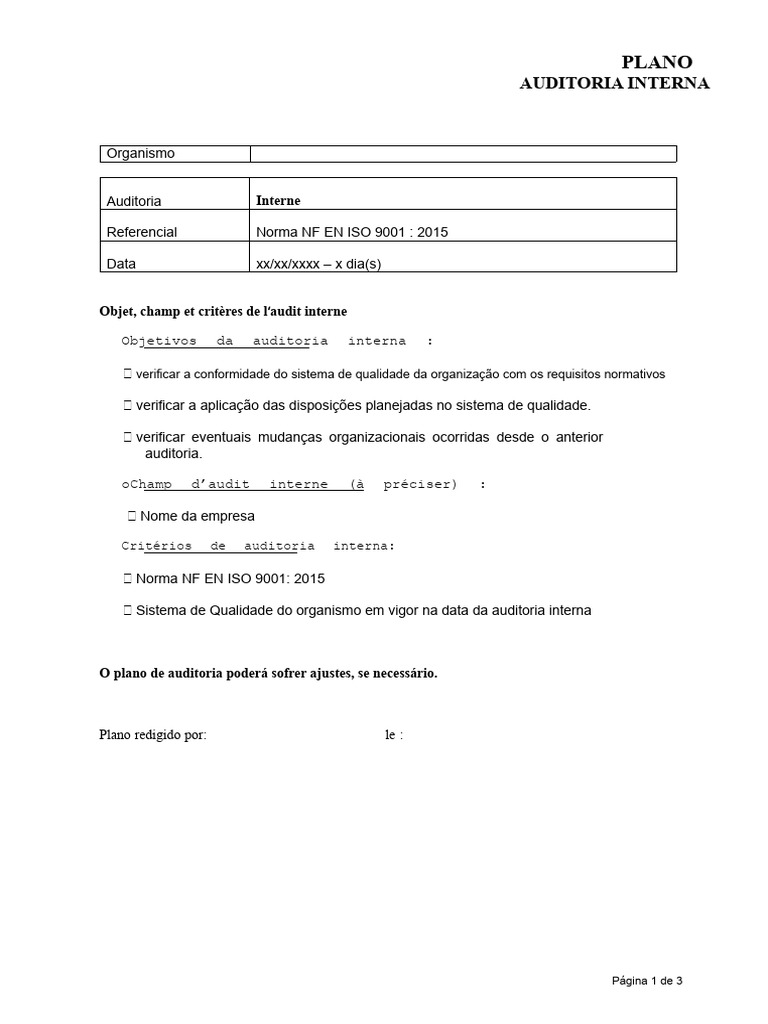 Plano de Auditoria Interna ISO 9001:2015 | PDF | Auditoria interna