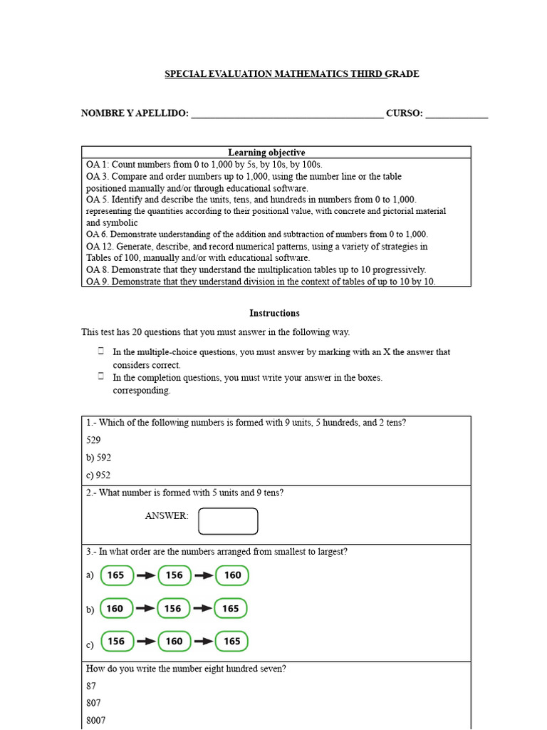 Third Grade Math Evaluation Test | PDF | Numbers | Arithmetic
