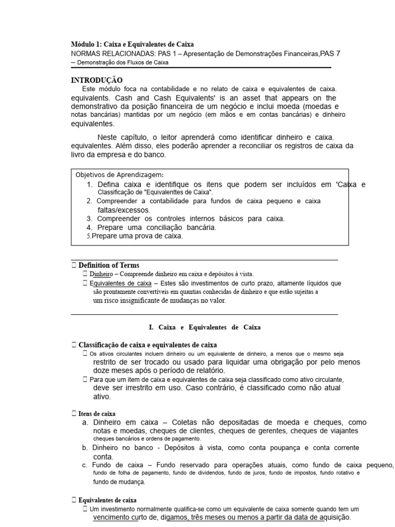 Contabilidade de Caixa e Equivalentes | PDF | Bancos | Conta de transação