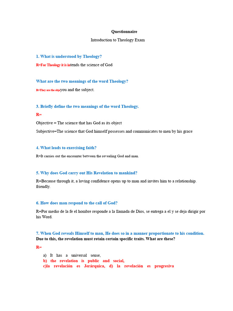 Introduction to Theology Questionnaire | PDF