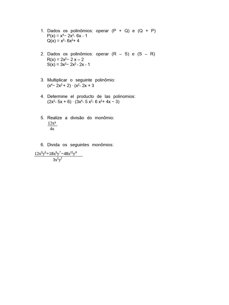 Operações com Polinômios e Monômios | PDF