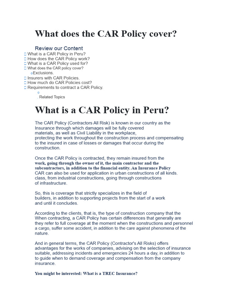 Understanding CAR Policy Coverage in Peru | PDF | Insurance | Liability ...