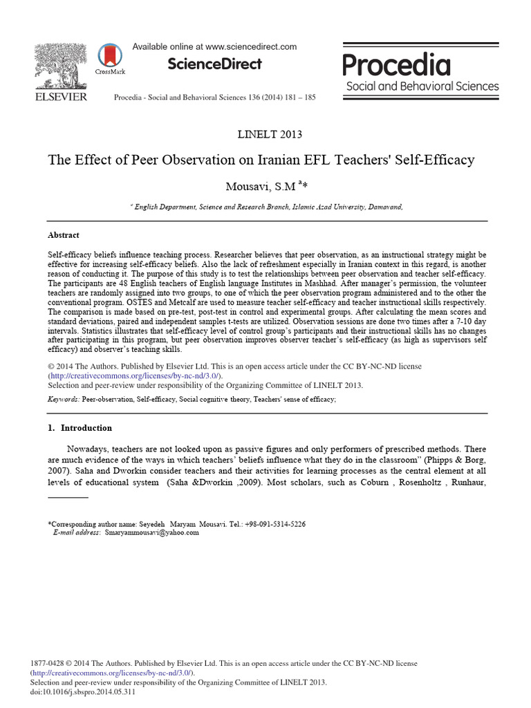 Peer Observation On Self-Efficacy - Main | PDF | Self Efficacy | Teachers